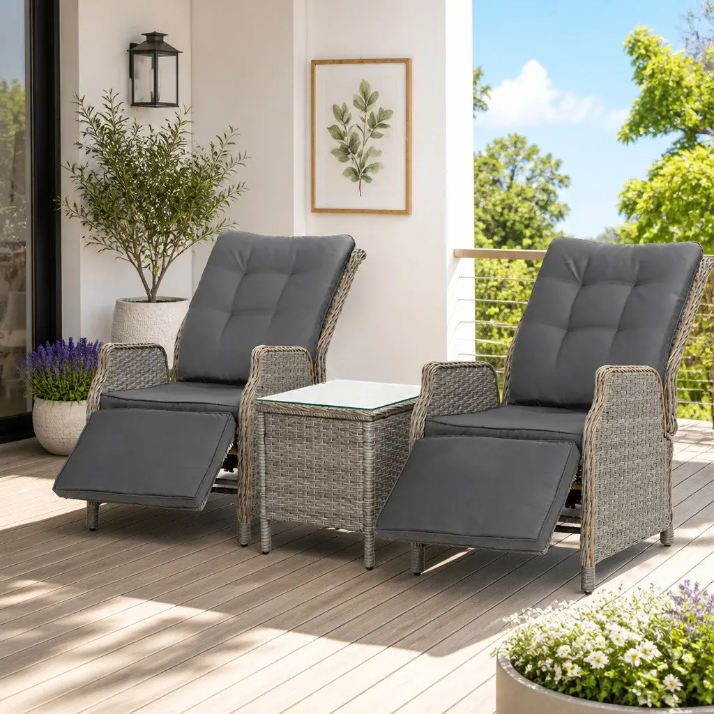 3 Piece Outdoor Recliner Set PE Wicker Grey Adjustable Chairs Side Table