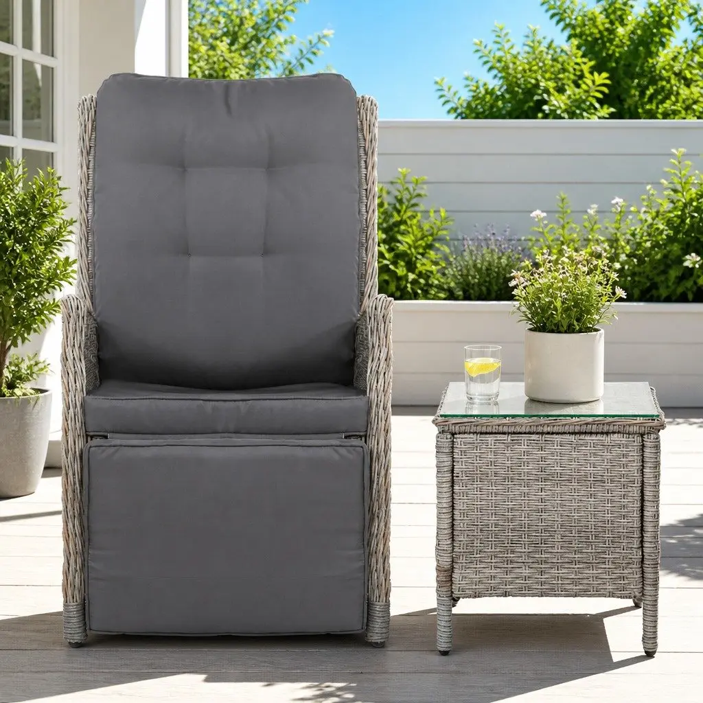 3 Piece Outdoor Recliner Set PE Wicker Grey Adjustable Chairs Side Table