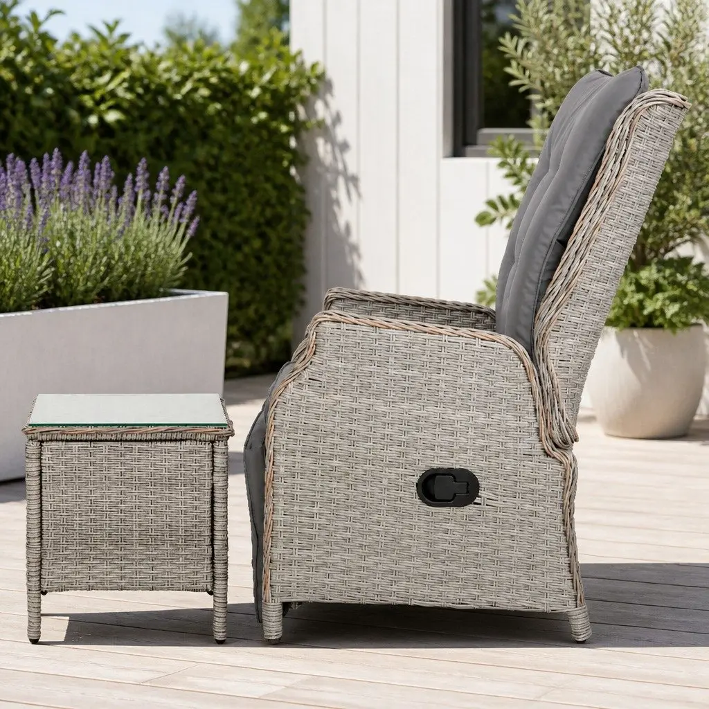 3 Piece Outdoor Recliner Set PE Wicker Grey Adjustable Chairs Side Table