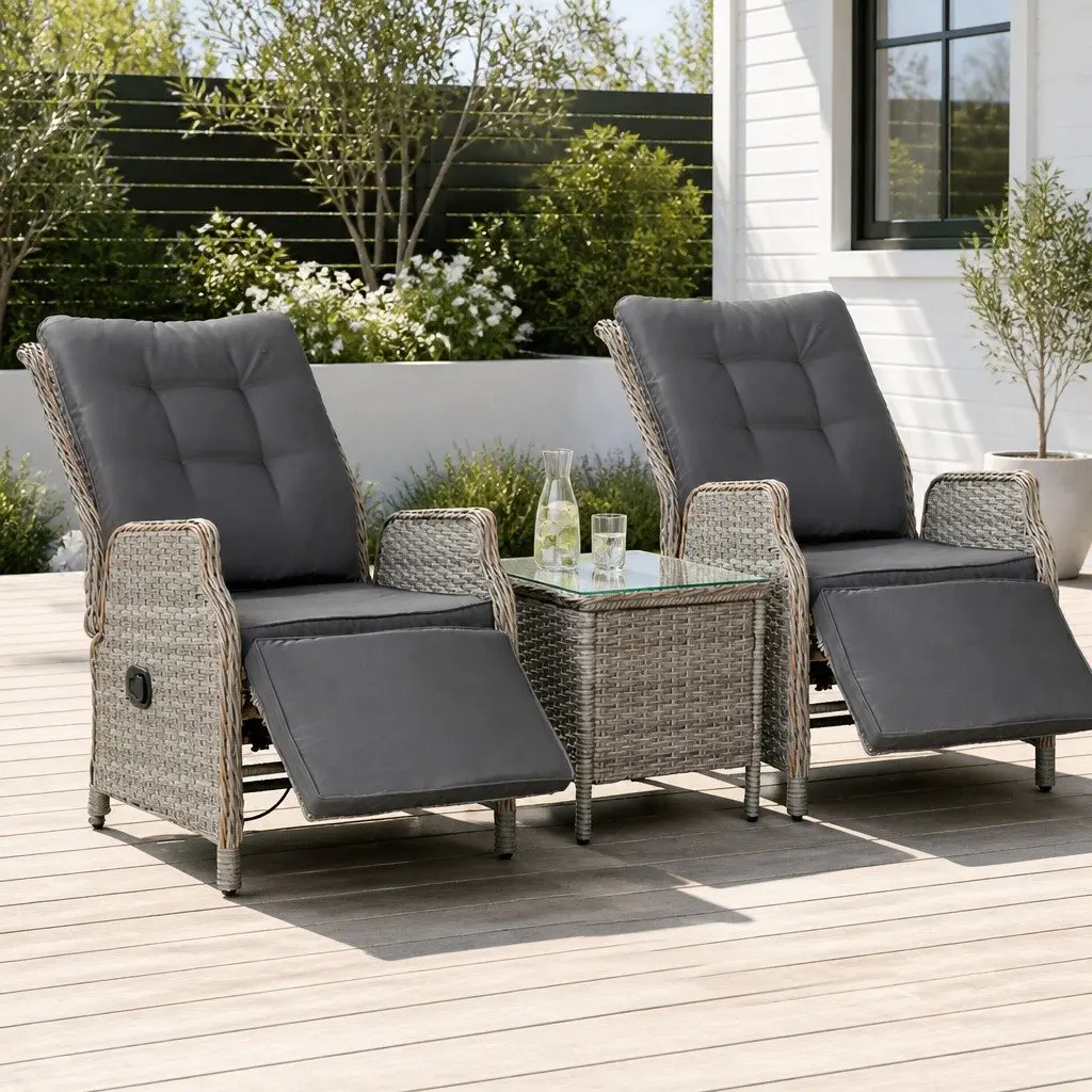 3 Piece Outdoor Recliner Set PE Wicker Grey Adjustable Chairs Side Table
