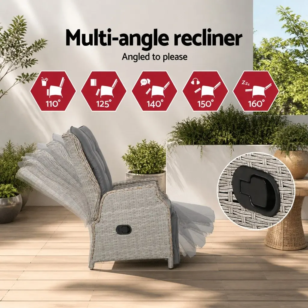 3 Piece Outdoor Recliner Set PE Wicker Grey Adjustable Chairs Side Table