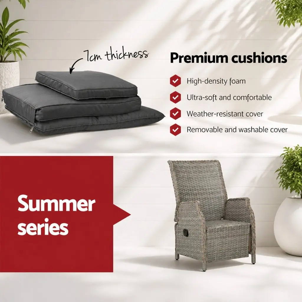 3 Piece Outdoor Recliner Set PE Wicker Grey Adjustable Chairs Side Table