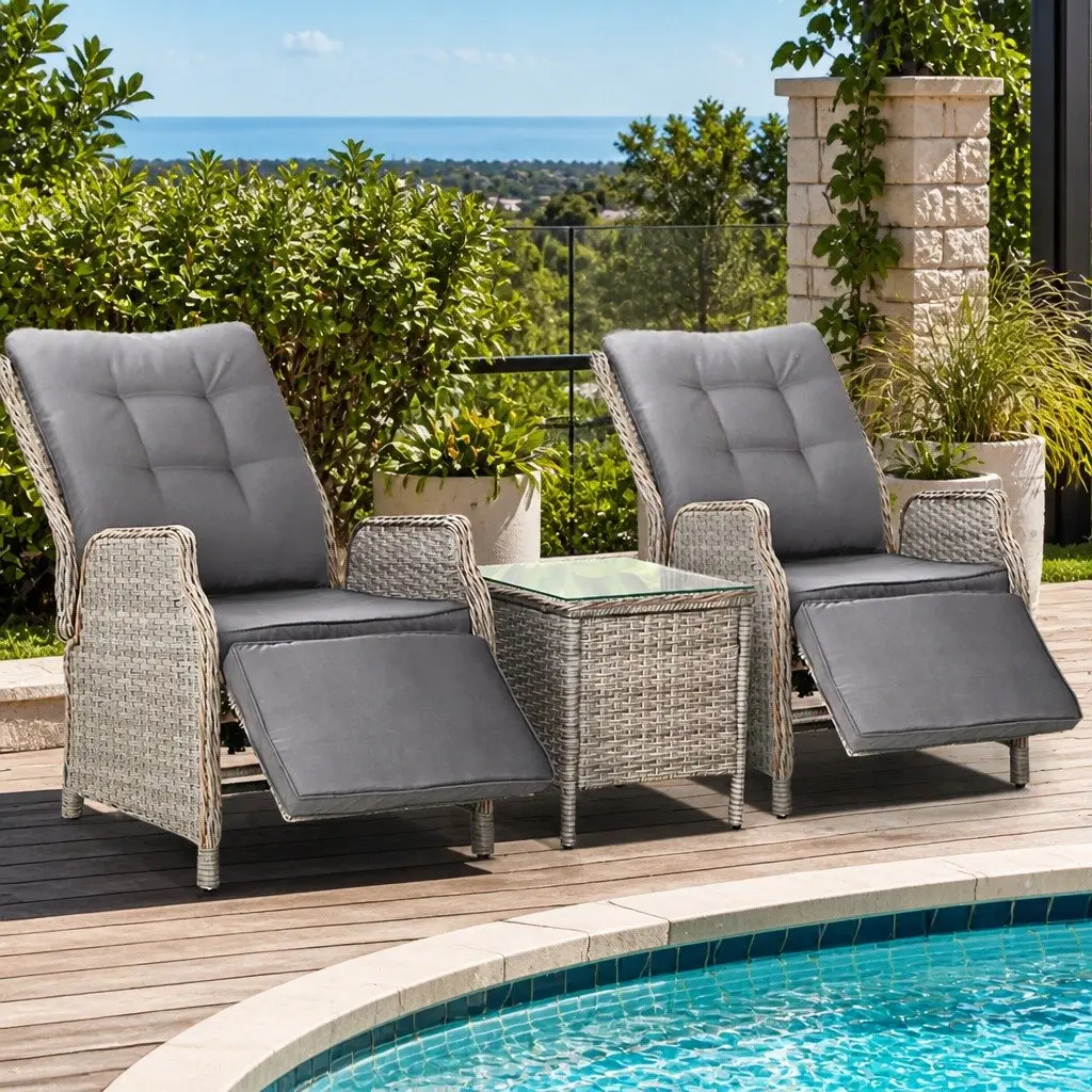 3 Piece Outdoor Recliner Set PE Wicker Grey Adjustable Chairs Side Table