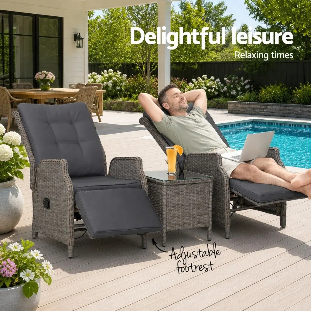 3 Piece Outdoor Recliner Set PE Wicker Grey Adjustable Chairs Side Table