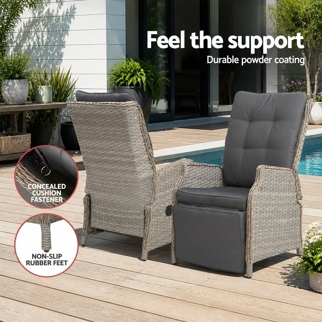 3 Piece Outdoor Recliner Set PE Wicker Grey Adjustable Chairs Side Table