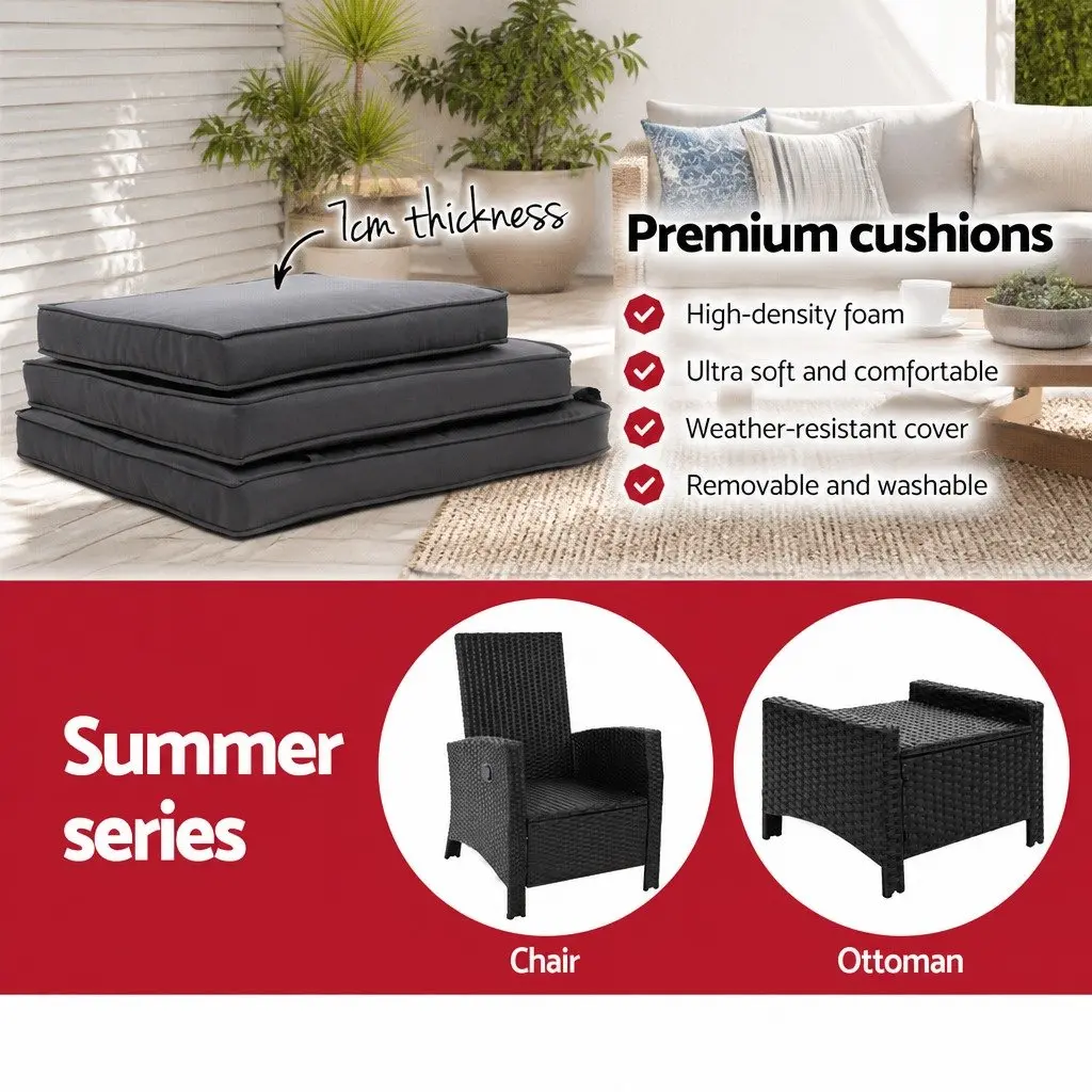 Wicker Recliner Chair PE Wicker Steel Frame Adjustable Black Outdoor Patio Lounger