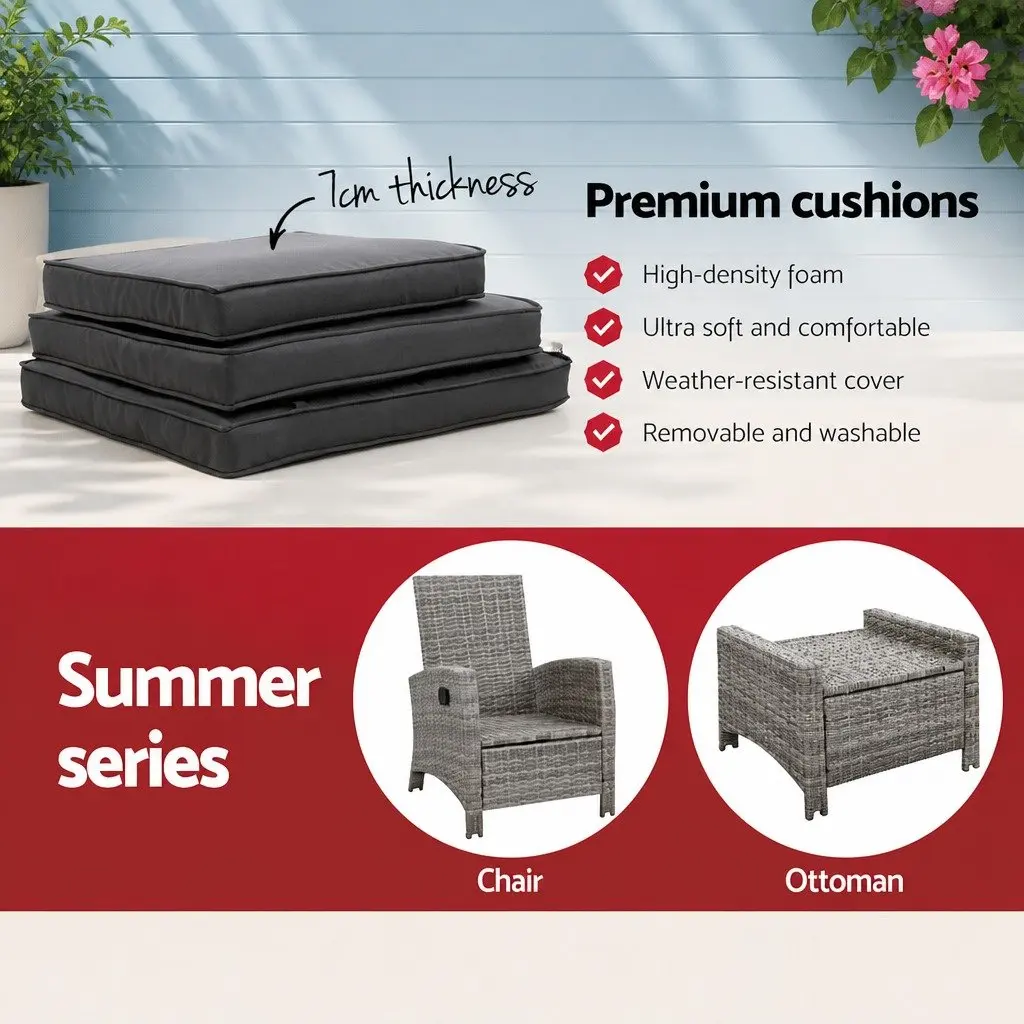 Outdoor Recliner Chair PE Wicker Adjustable Backrest Grey with Ottoman