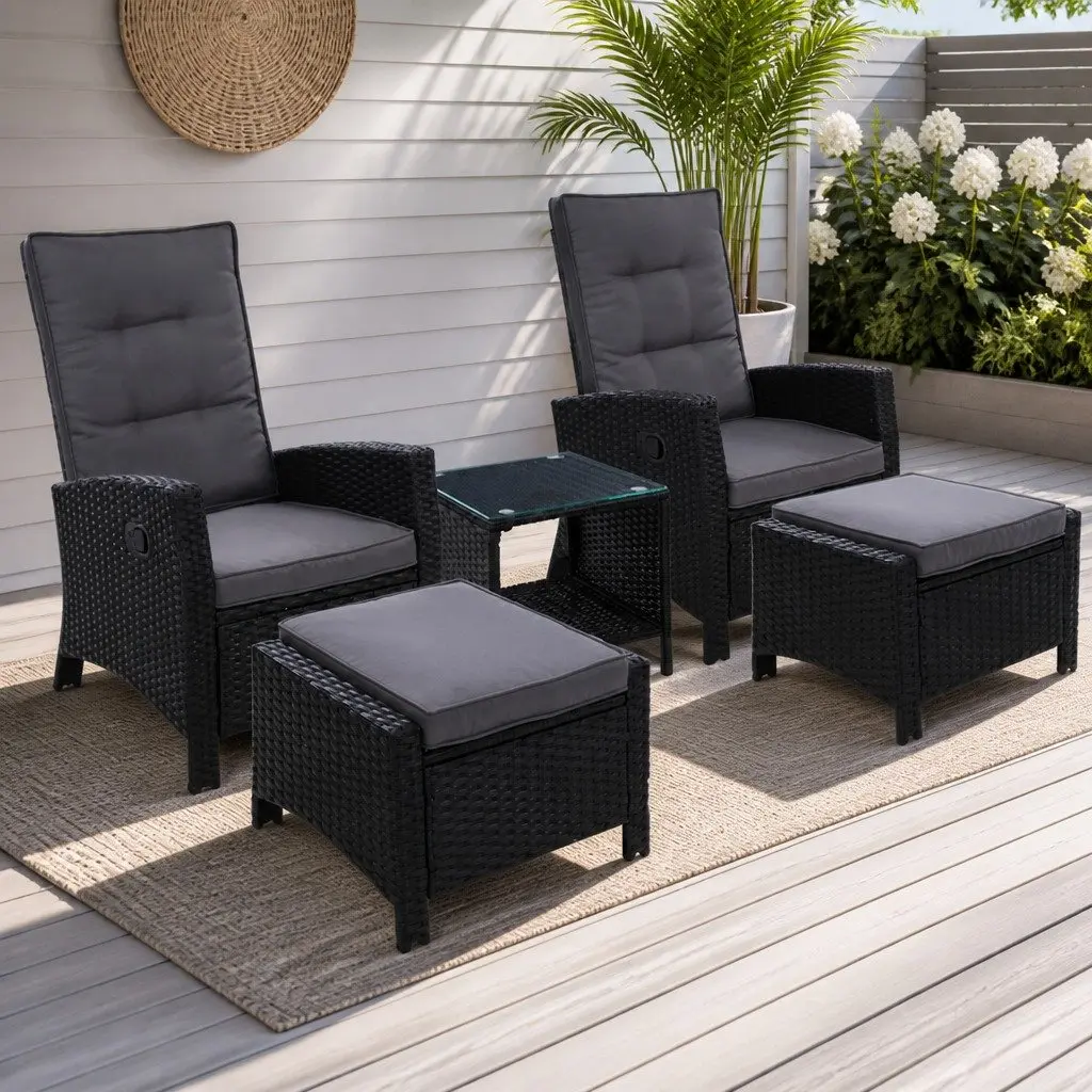 5 Piece Outdoor Recliner Chair Set PE Wicker Lounge Furniture Ottoman Table Black