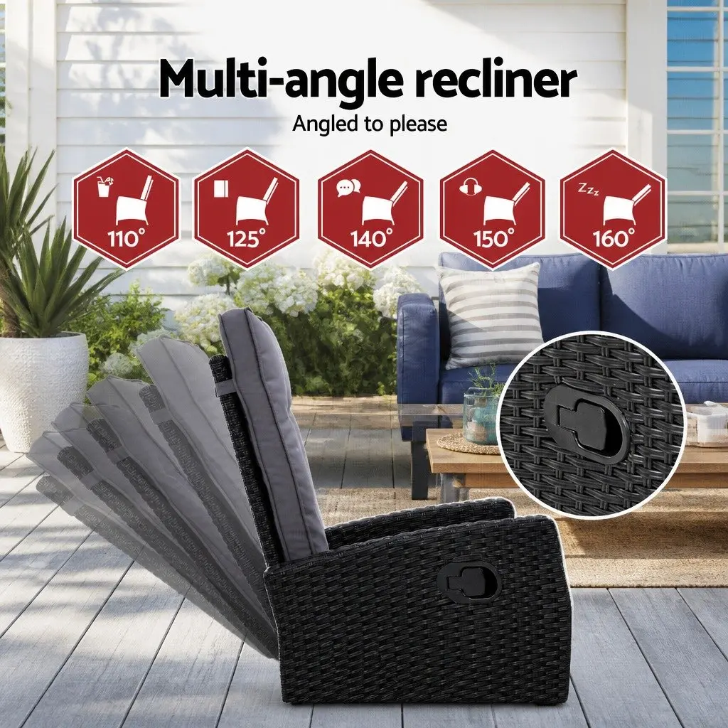 5 Piece Outdoor Recliner Chair Set PE Wicker Lounge Furniture Ottoman Table Black