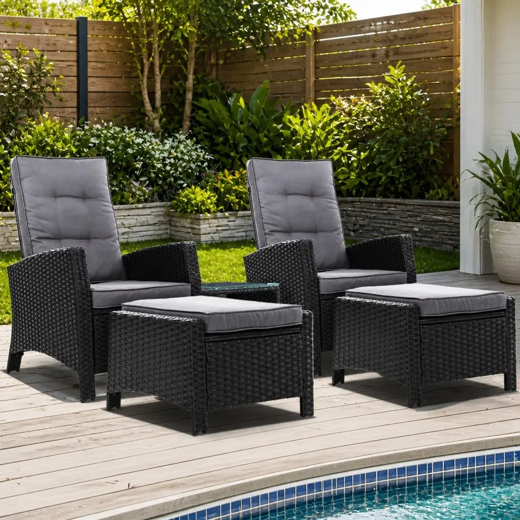 5 Piece Outdoor Recliner Chair Set PE Wicker Lounge Furniture Ottoman Table Black
