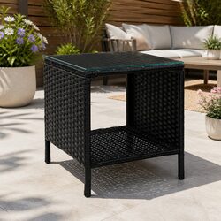 Wicker Side Table Coffee Outdoor Indoor Furniture Rattan Glass Top Black White