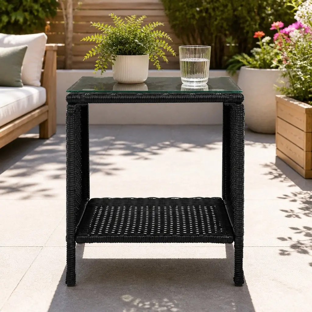 Wicker Side Table PE Wicker Steel Frame 40cm x 40cm x 45cm Black White