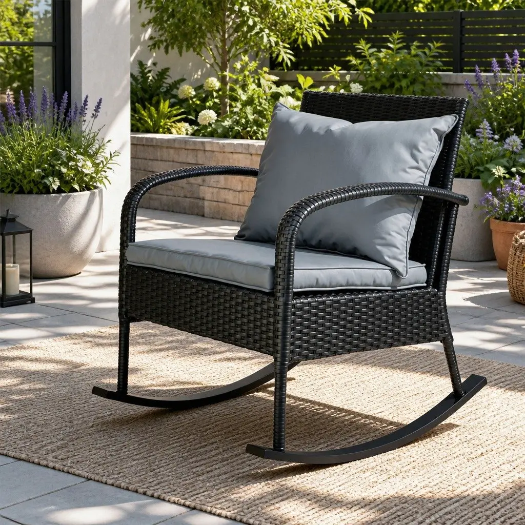 Black Wicker Rocking Chair with Cushions
