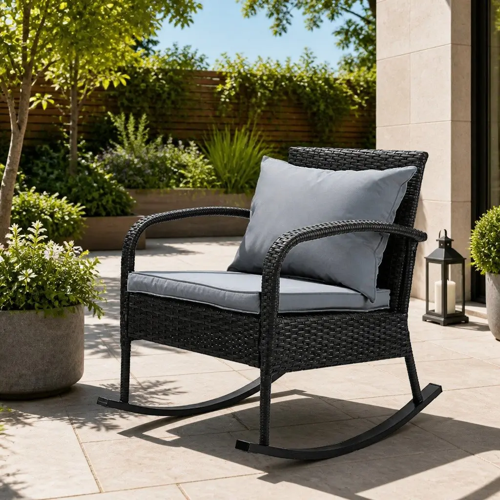Black Wicker Rocking Chair with Cushions