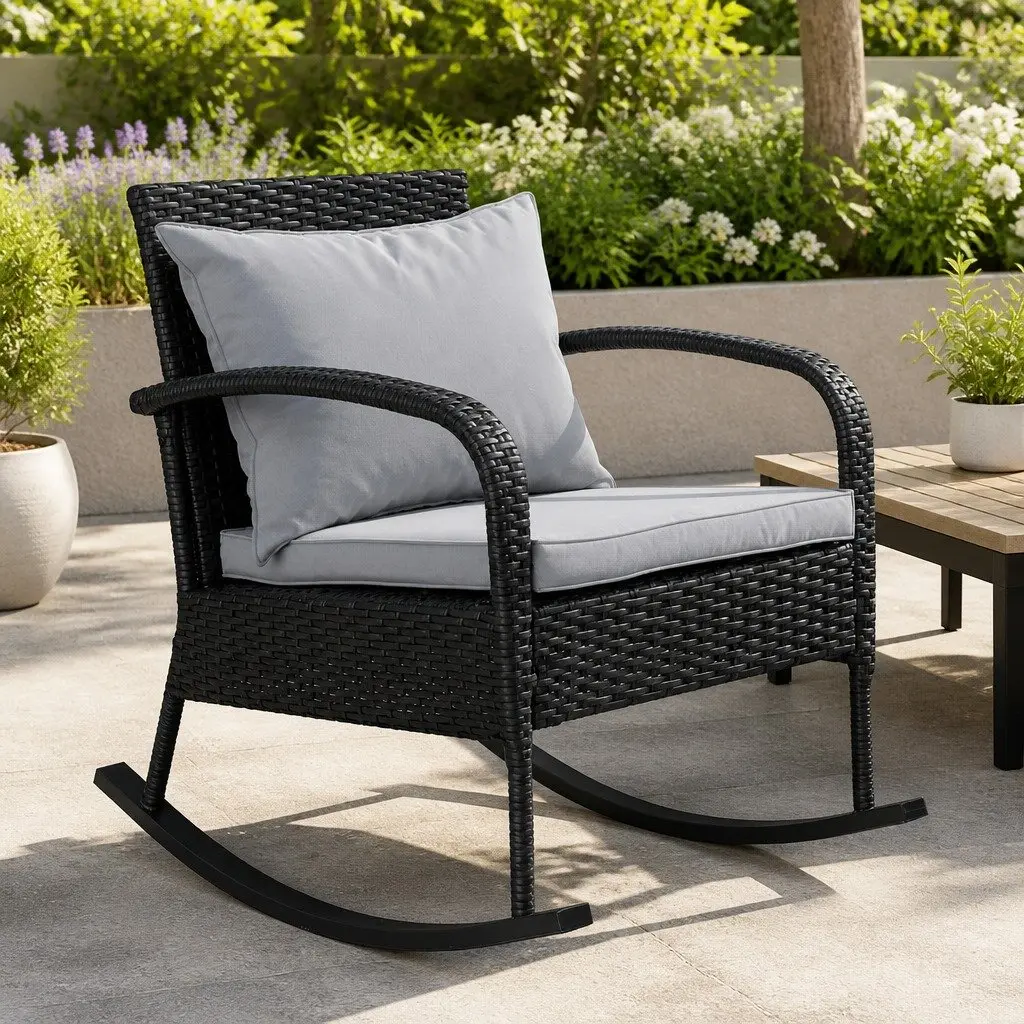 Black Wicker Rocking Chair with Cushions