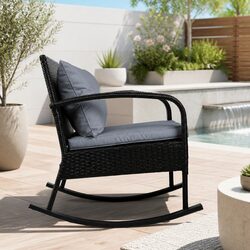 Sturdy Outdoor Rocking Chair Set with Side Table Black Wicker
