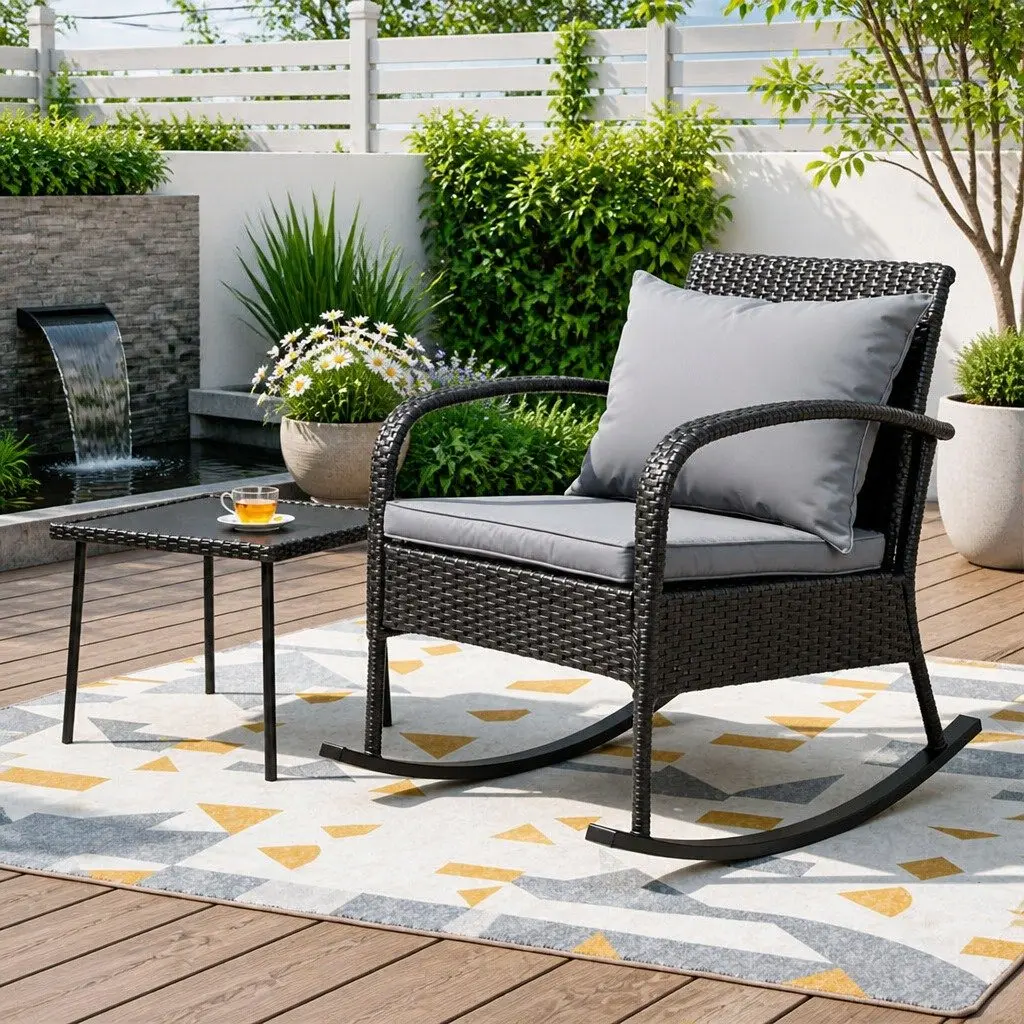 Outdoor Rocking Chair Set Powder-coated Steel PE Rattan Black Wicker Grey Cushion