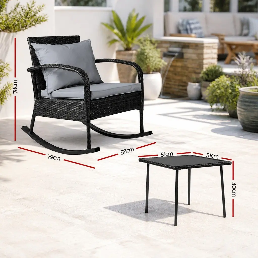 Outdoor Rocking Chair Set Powder-coated Steel PE Rattan Black Wicker Grey Cushion