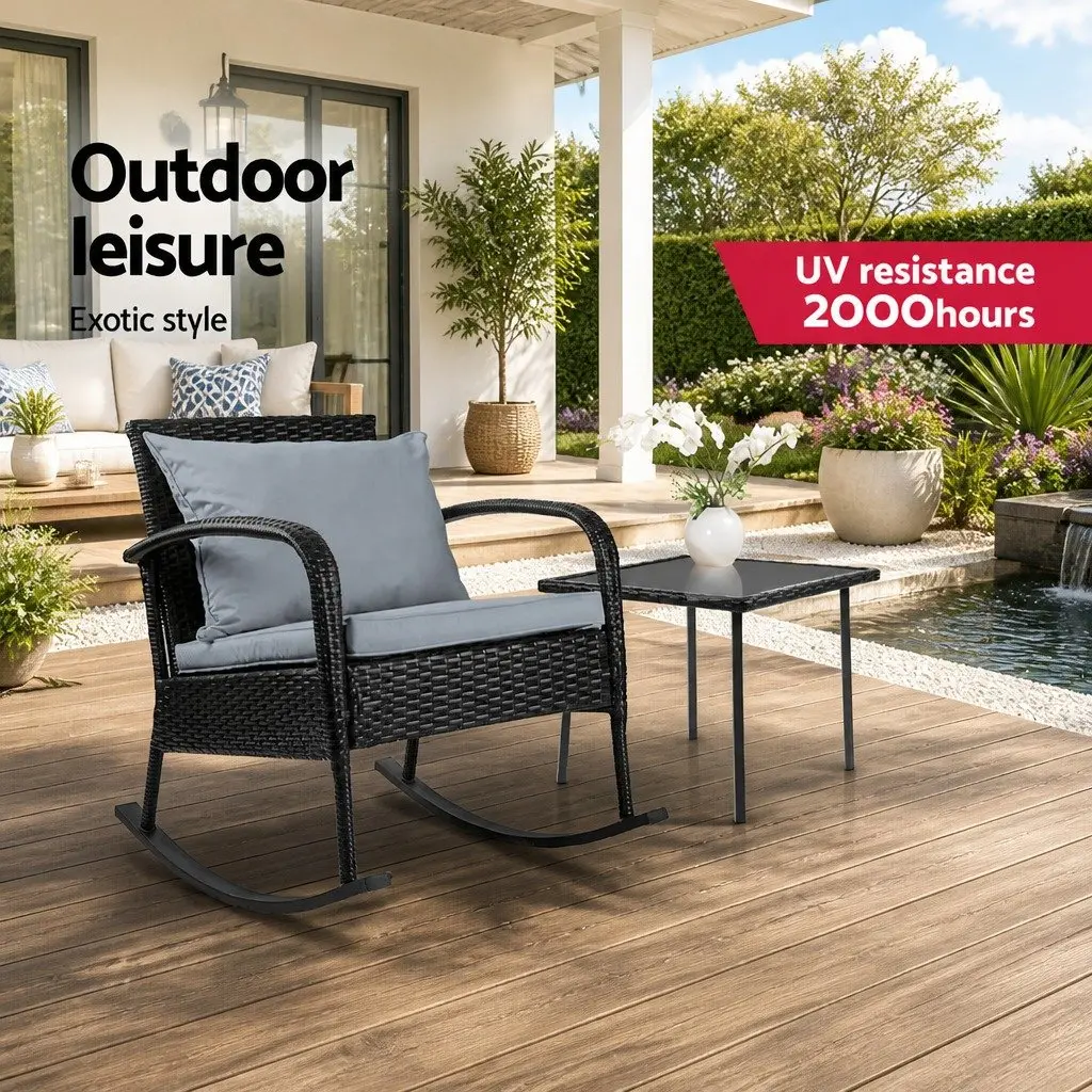 Outdoor Rocking Chair Set Powder-coated Steel PE Rattan Black Wicker Grey Cushion