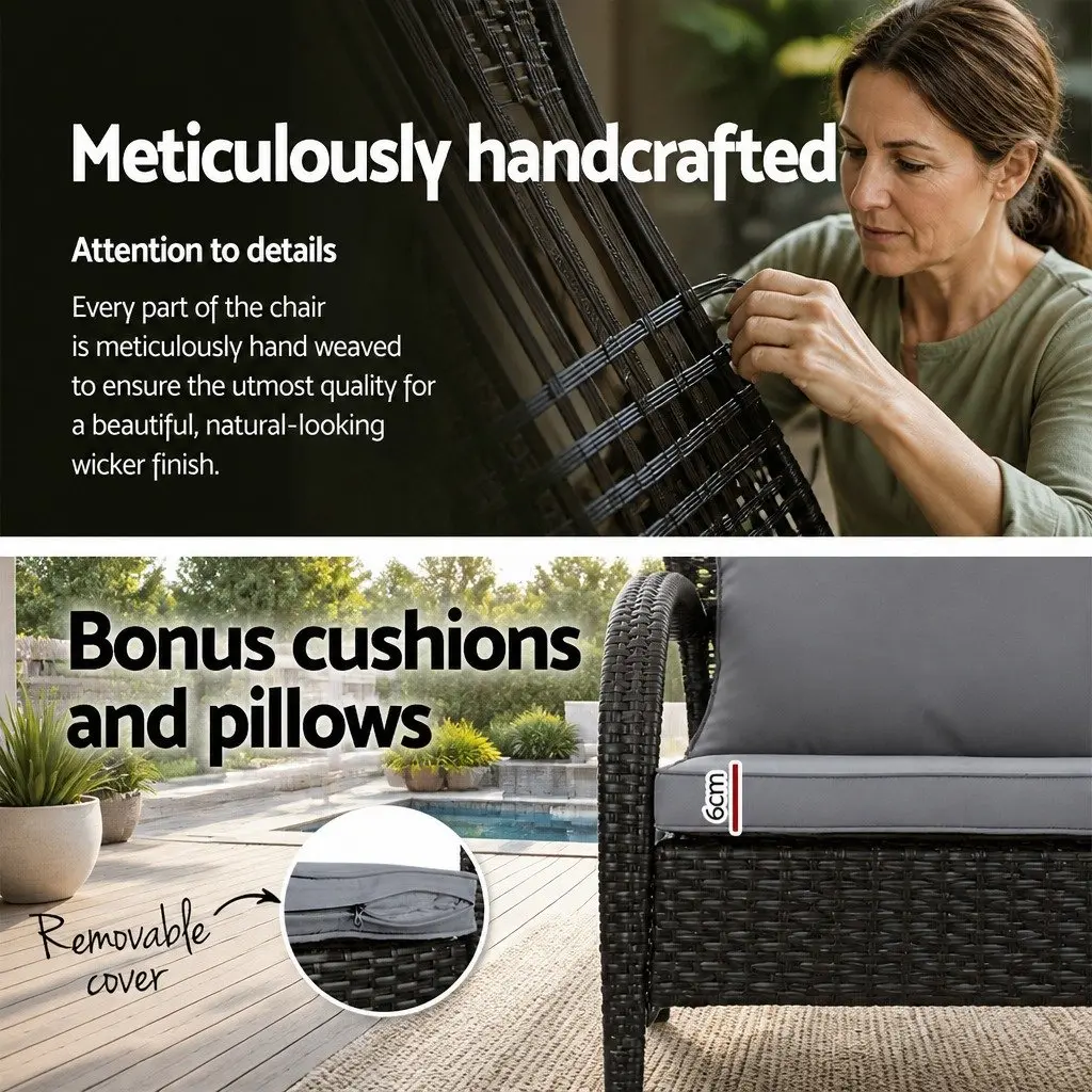 Outdoor Rocking Chair Set Powder-coated Steel PE Rattan Black Wicker Grey Cushion