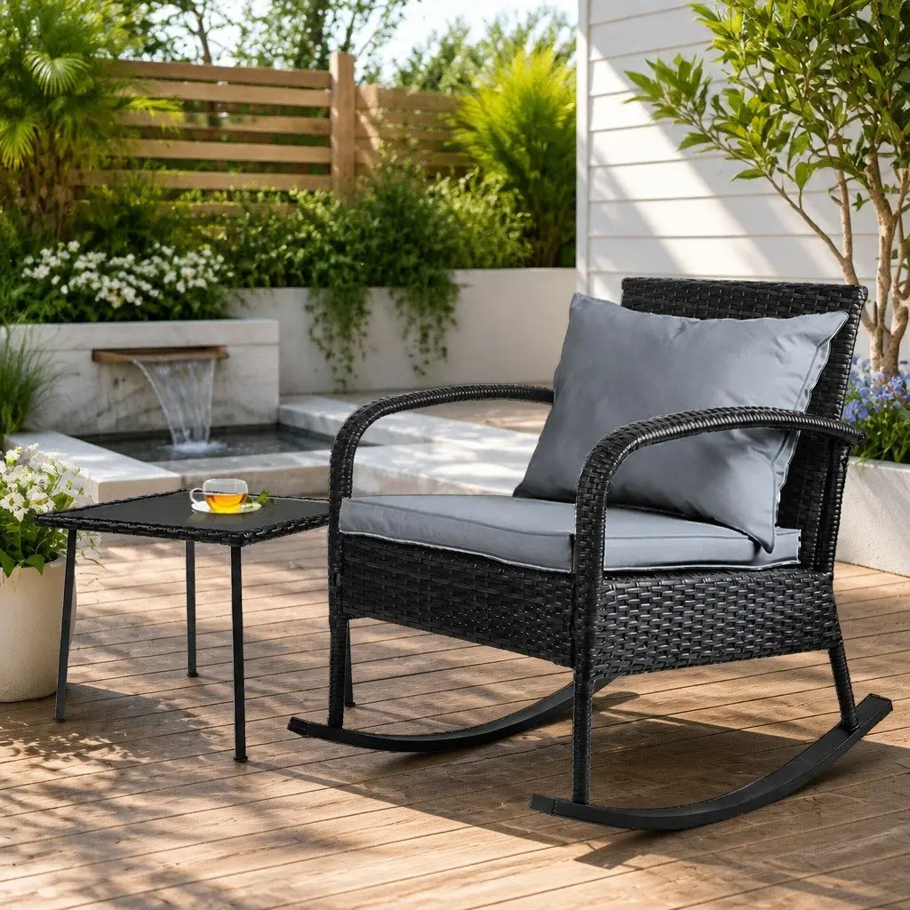 Outdoor Rocking Chair Set Powder-coated Steel PE Rattan Black Wicker Grey Cushion