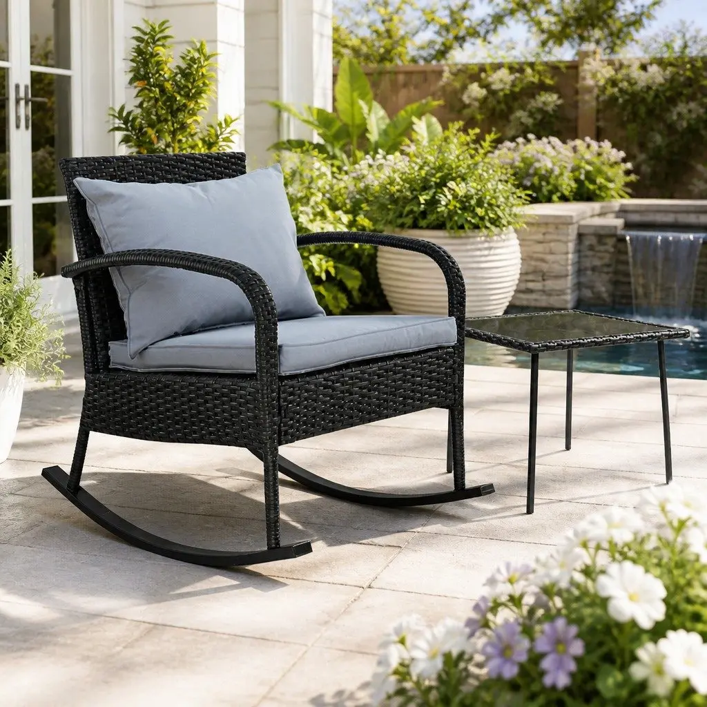Outdoor Rocking Chair Set Powder-coated Steel PE Rattan Black Wicker Grey Cushion