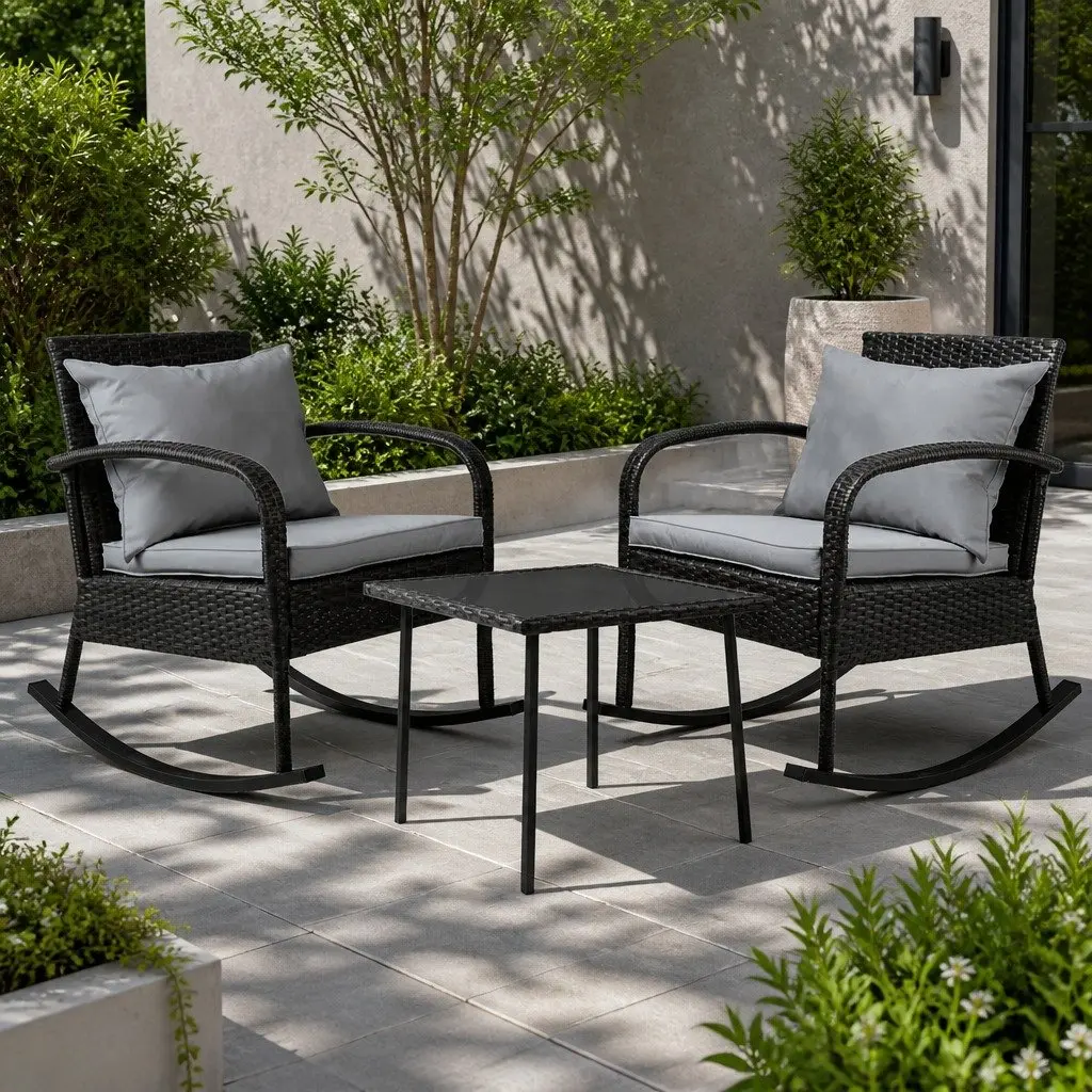 3-Piece Outdoor Rocking Chair Set with Wicker Table