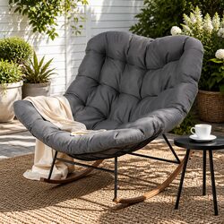 Durable Steel Frame Outdoor Rocking Chair with Grey Cushion