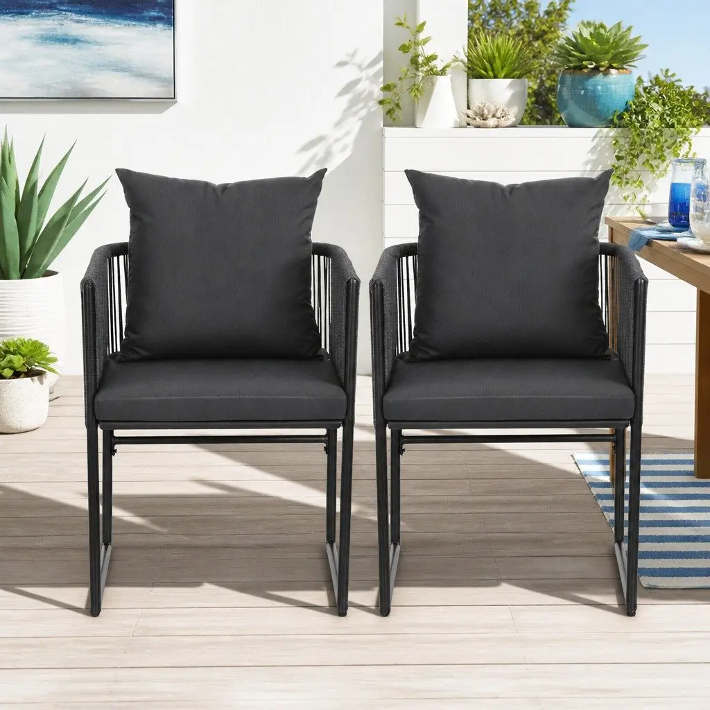 Outdoor Chairs Steel Frame 2PC Woven Rope Grey Black