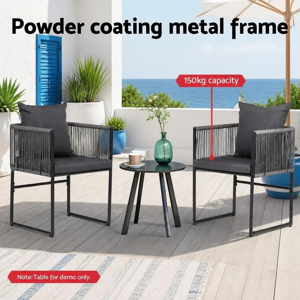 Outdoor Chairs Steel Frame 2PC Woven Rope Grey Black