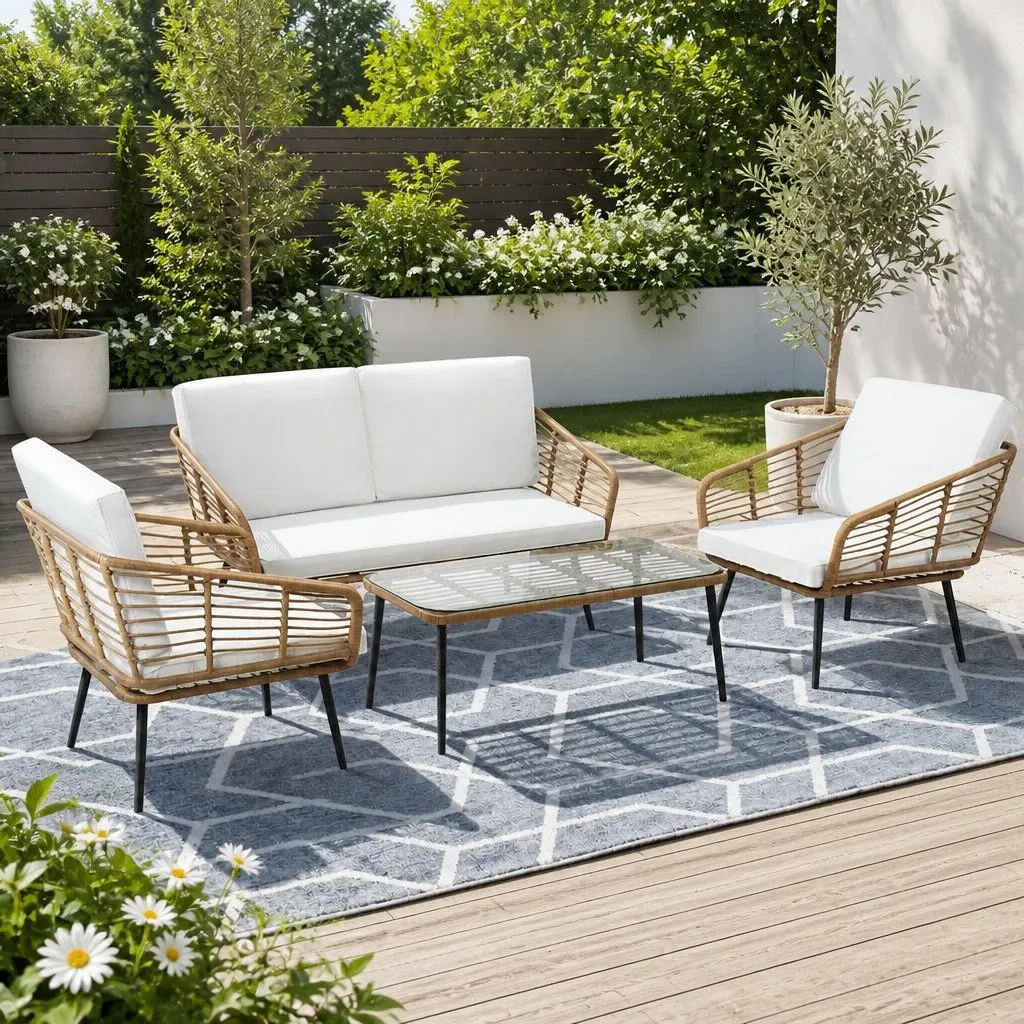 4-Piece Rattan Lounge Sofa Set with Table