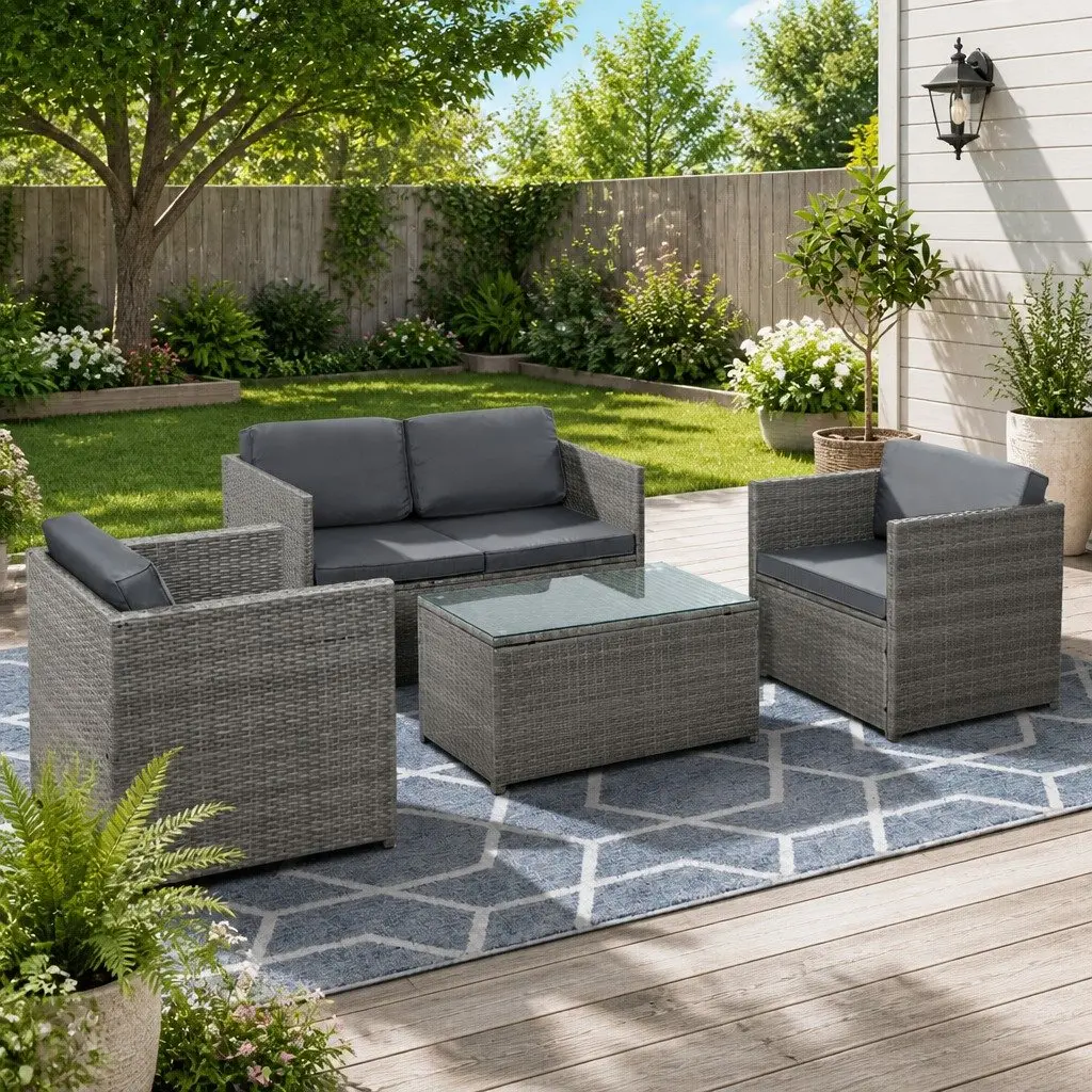 4 Piece Outdoor Wicker Sofa Set PE Wicker Grey 2 Seater Sofa 2 Single Sofas Centre Table