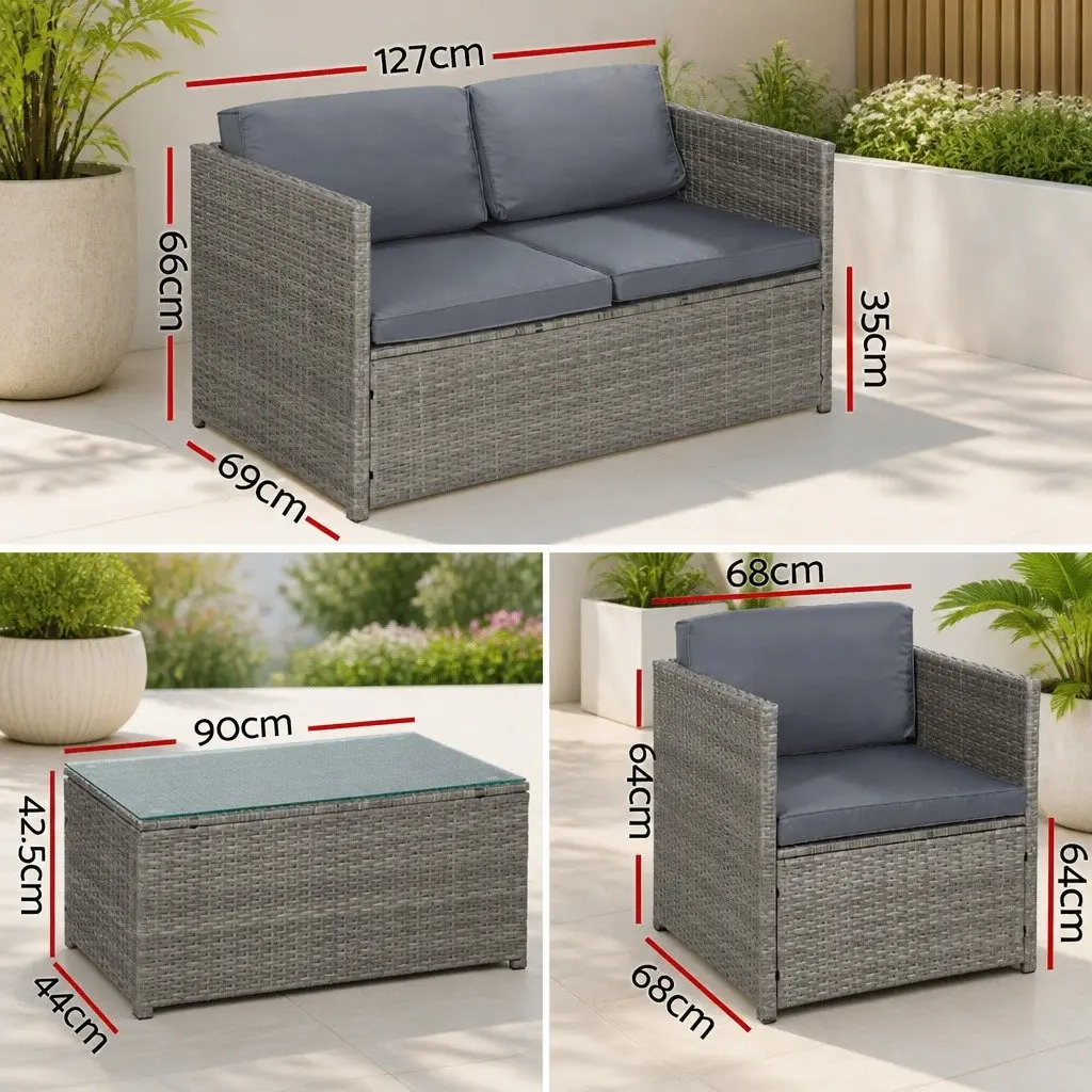 4 Piece Outdoor Wicker Sofa Set PE Wicker Grey 2 Seater Sofa 2 Single Sofas Centre Table
