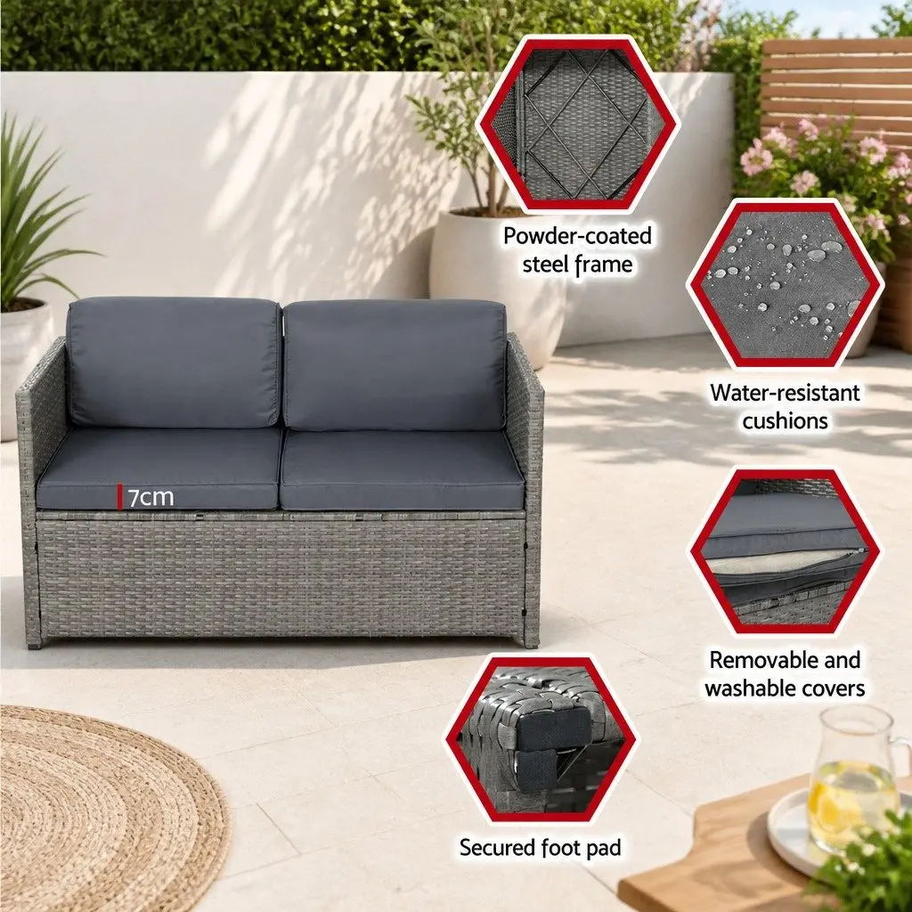 4 Piece Outdoor Wicker Sofa Set PE Wicker Grey 2 Seater Sofa 2 Single Sofas Centre Table