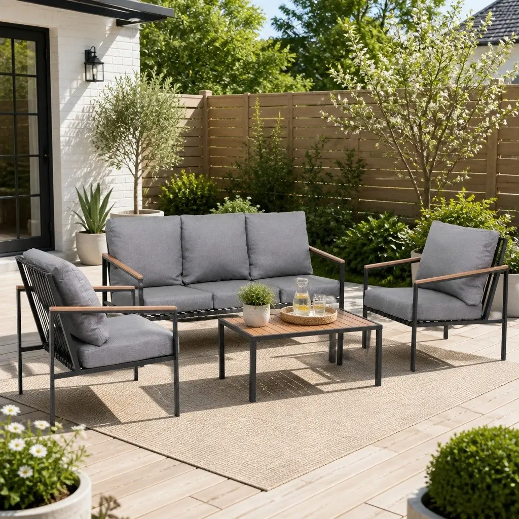 Outdoor Lounge Set Powder-coated Steel 4 Piece Black Grey