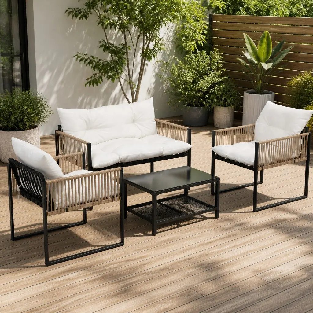 4 Piece Outdoor Lounge Set PE Wicker Powder-coated Steel Black White