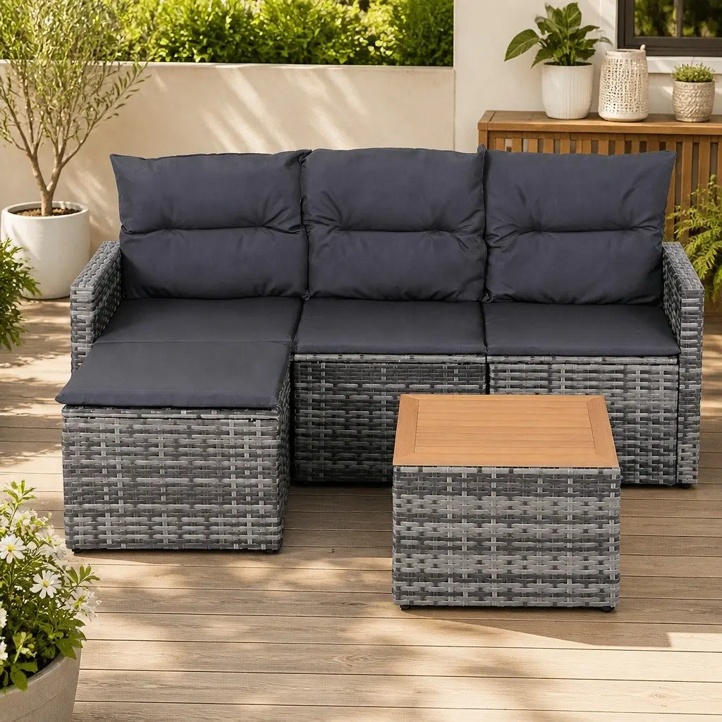 Outdoor Sofa Set PE Wicker 5 Pieces Grey Modular Patio Lounge Furniture