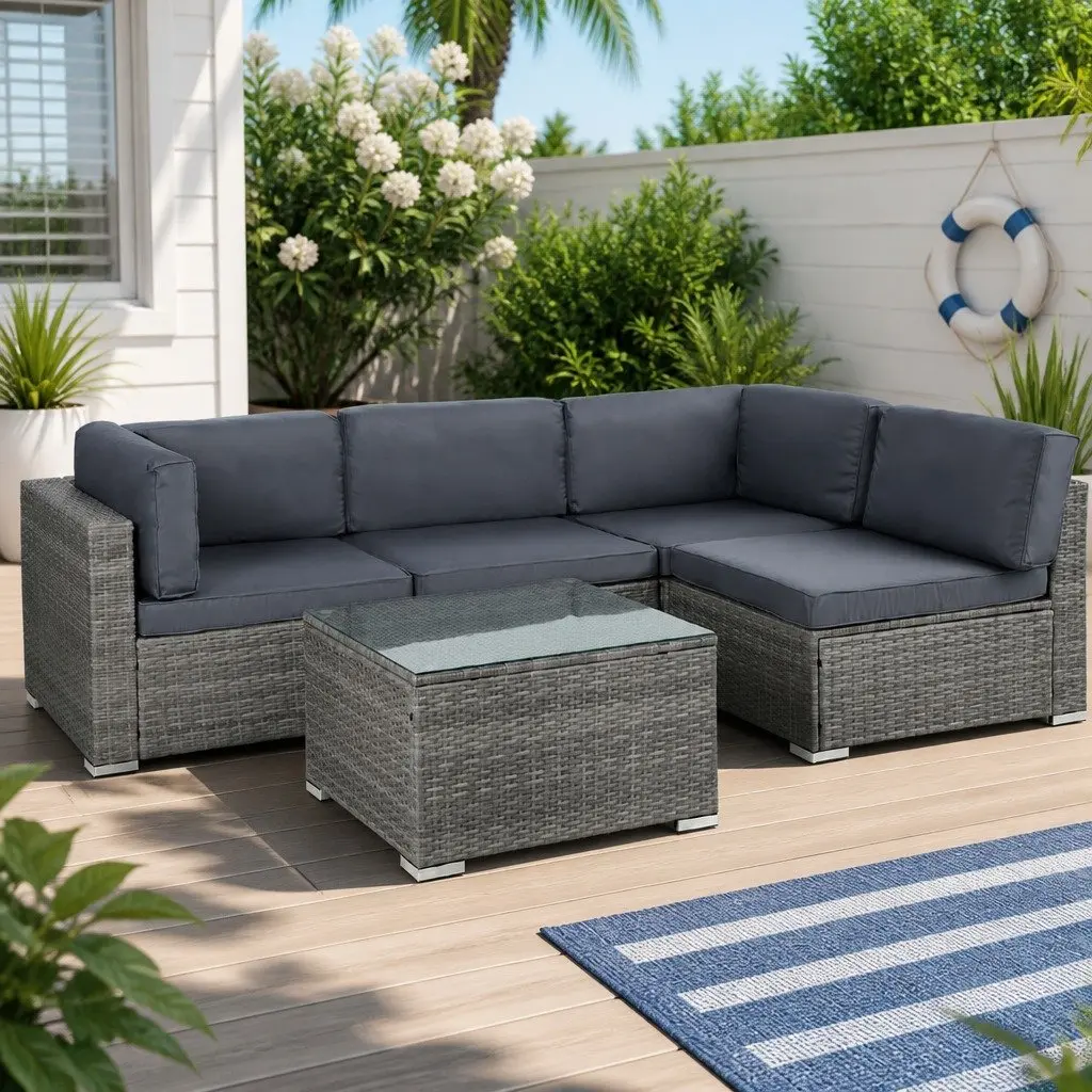 5 Piece Outdoor Wicker Sofa Set Grey Powder Coated Steel 4 Seater Lounge Couch with Glass Top Table