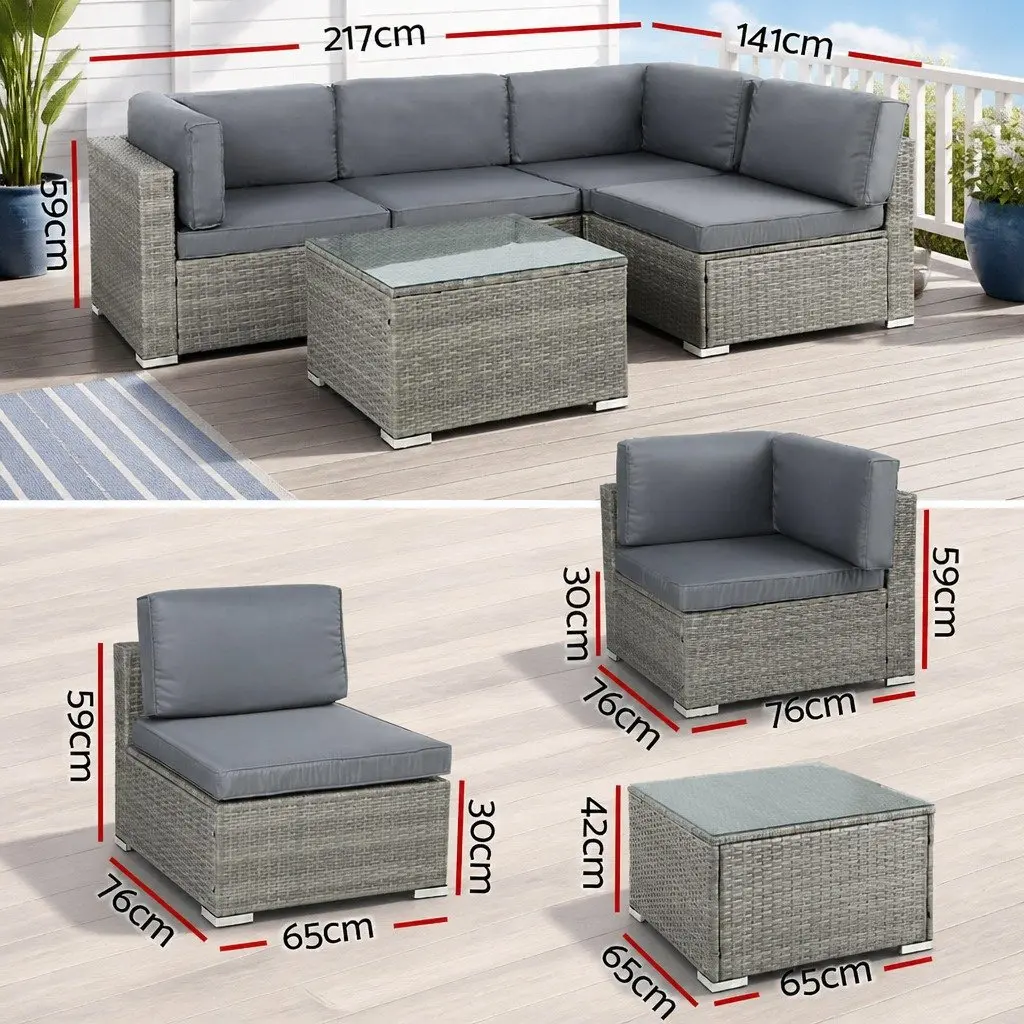 5 Piece Outdoor Wicker Sofa Set Grey Powder Coated Steel 4 Seater Lounge Couch with Glass Top Table