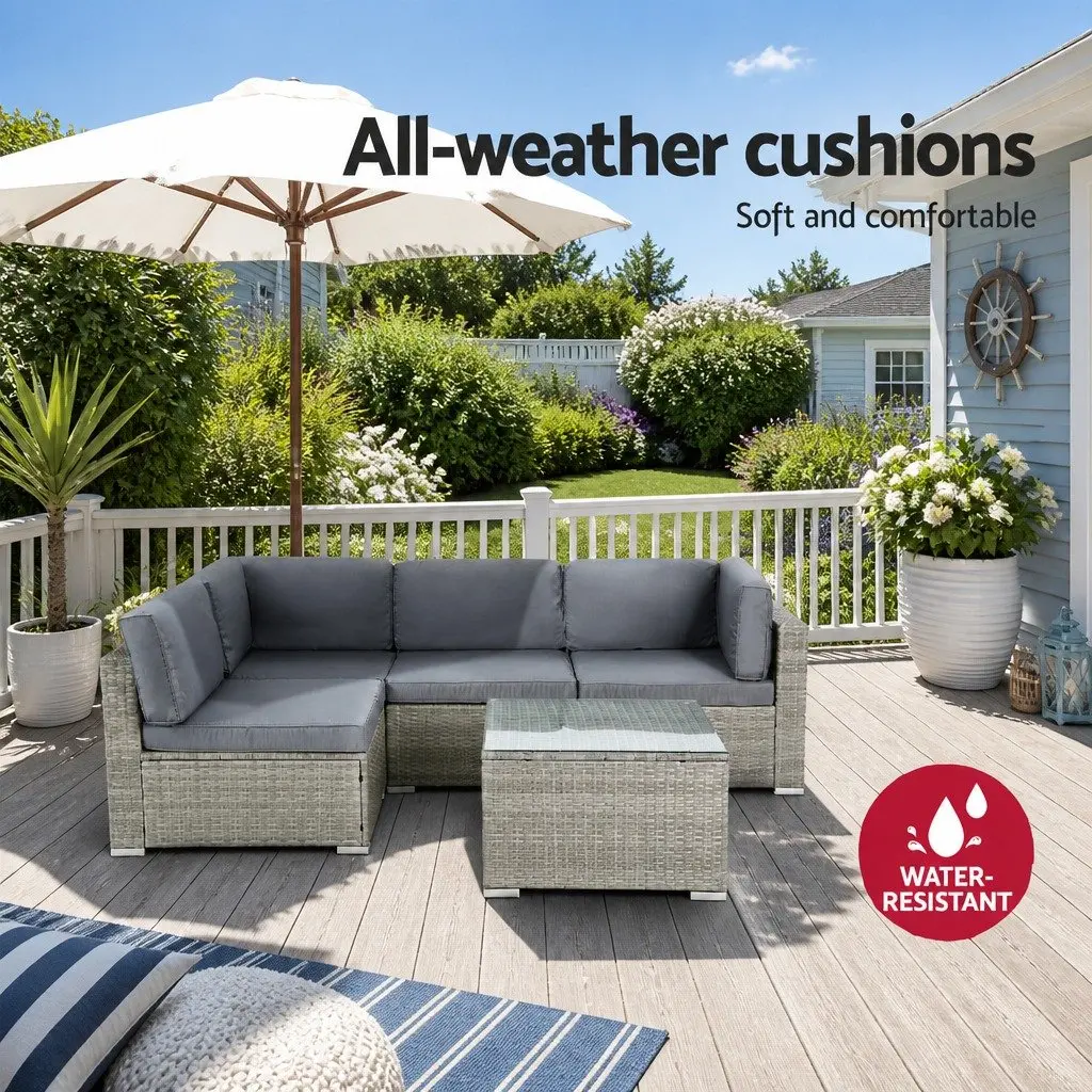 5 Piece Outdoor Wicker Sofa Set Grey Powder Coated Steel 4 Seater Lounge Couch with Glass Top Table