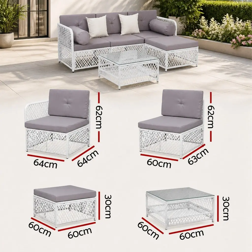 5 Piece Outdoor Sofa Set PE Wicker Powder Coated Metal Grey White 4 Seater Garden Lounge Chair Ottoman Table