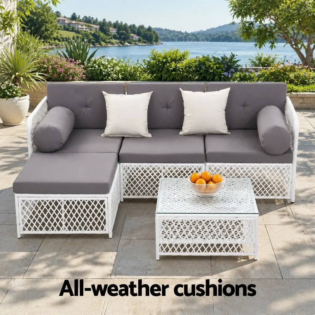 5 Piece Outdoor Sofa Set PE Wicker Powder Coated Metal Grey White 4 Seater Garden Lounge Chair Ottoman Table