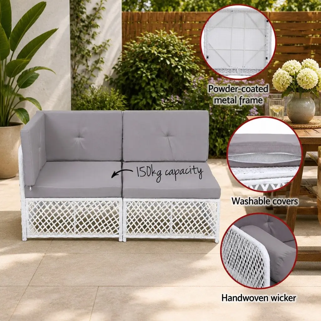 5 Piece Outdoor Sofa Set PE Wicker Powder Coated Metal Grey White 4 Seater Garden Lounge Chair Ottoman Table