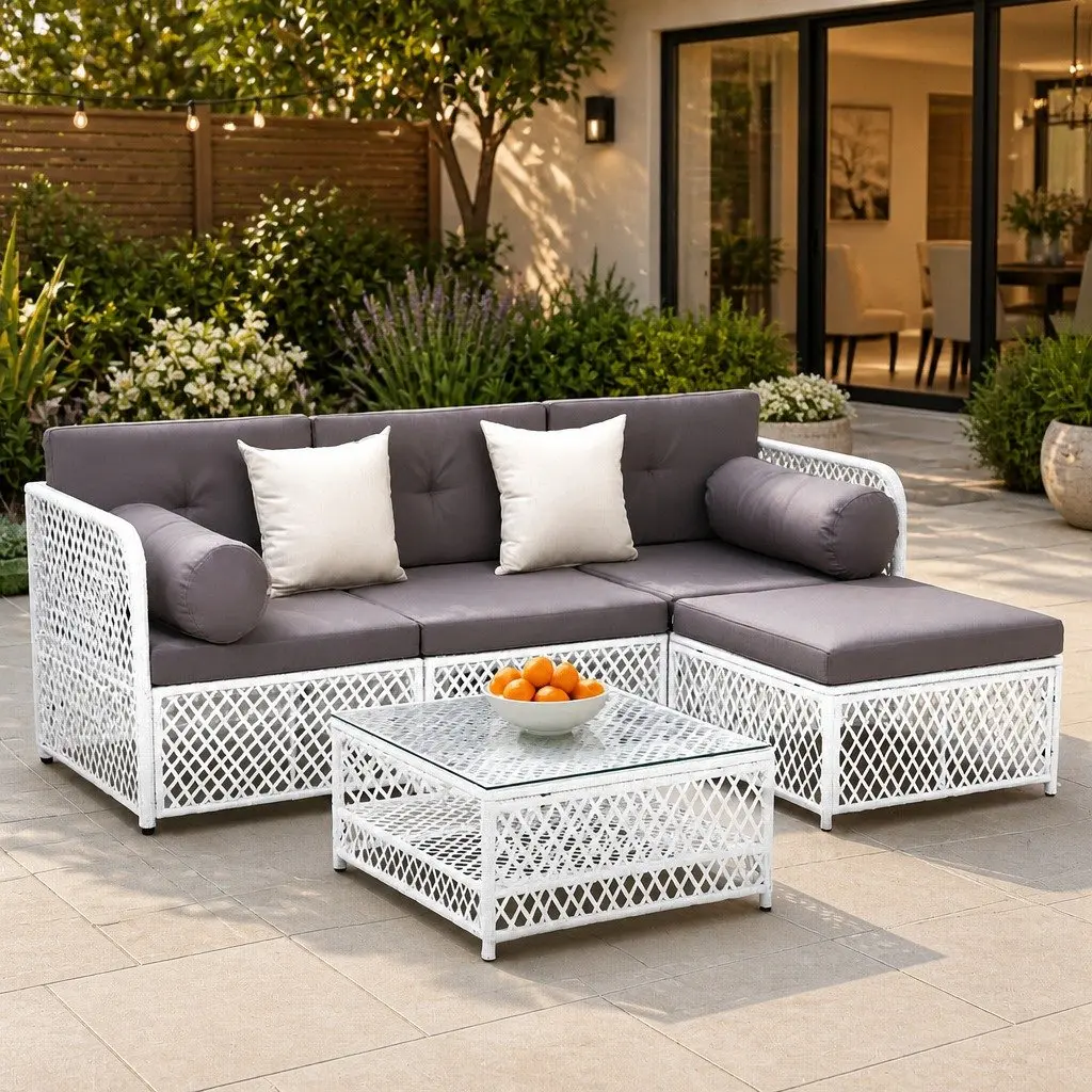 5 Piece Outdoor Sofa Set PE Wicker Powder Coated Metal Grey White 4 Seater Garden Lounge Chair Ottoman Table