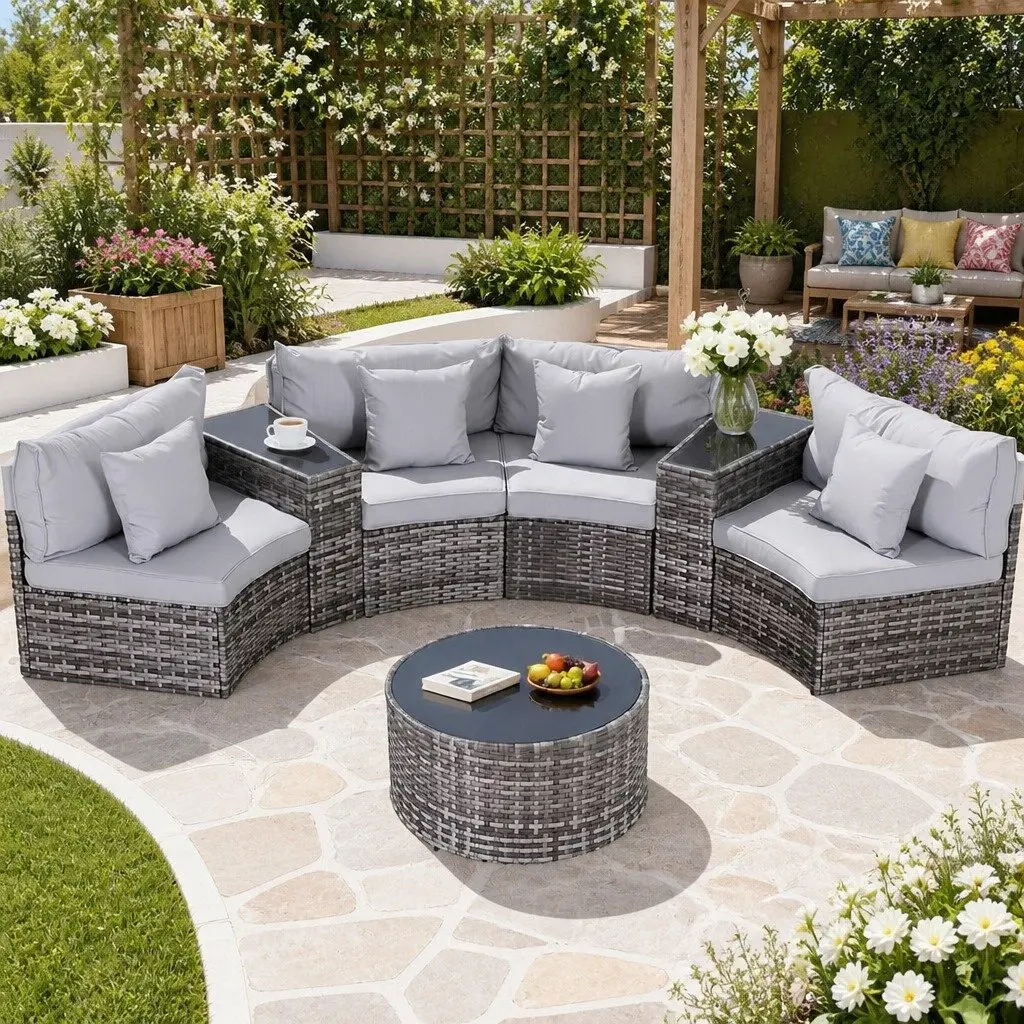 Outdoor Sofa Set PE Wicker Grey 7 Piece Garden Lounge Furniture