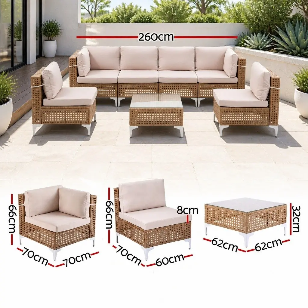 6 Seater Outdoor Sofa Set Rattan Metal Beige 7 Piece Patio Furniture Garden Lounge