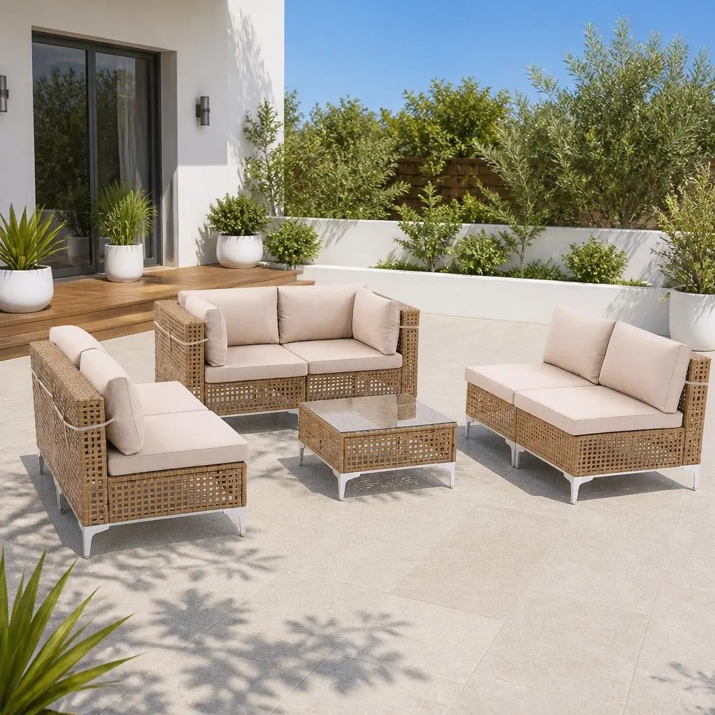6 Seater Outdoor Sofa Set Rattan Metal Beige 7 Piece Patio Furniture Garden Lounge