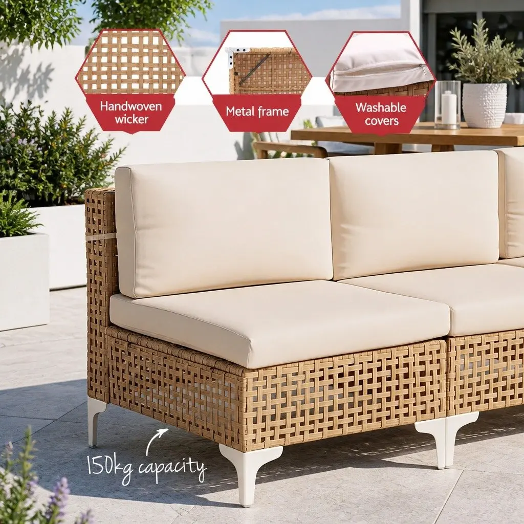 6 Seater Outdoor Sofa Set Rattan Metal Beige 7 Piece Patio Furniture Garden Lounge