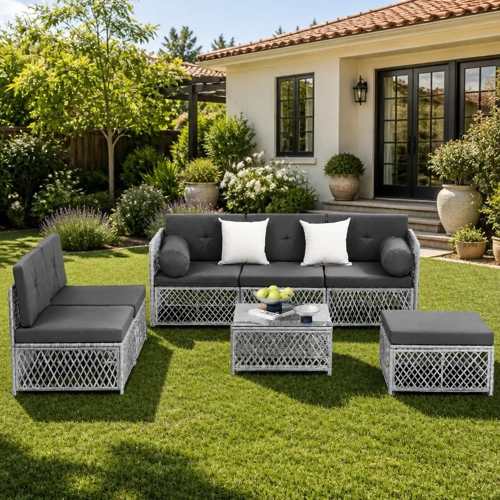 Outdoor Sofa Set PE Wicker Powder Coated Metal 7 Piece Grey Cushion