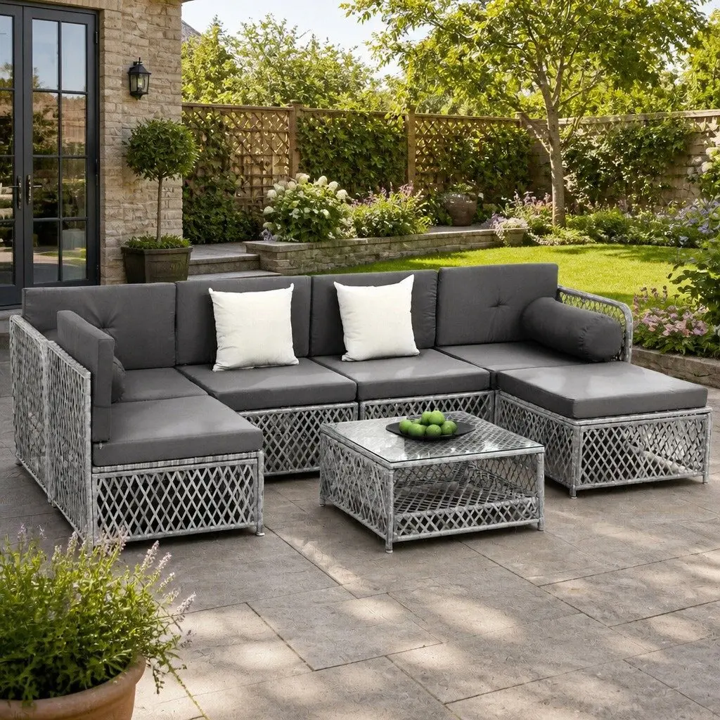 Outdoor Sofa Set PE Wicker Powder Coated Metal 7 Piece Grey Cushion